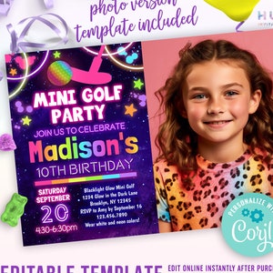 Minigolf Party Einladung mit einem Foto | Mädchen Regenbogen Minigolf Geburtstag Einladung editierbare Vorlage | glow in the dark Minigolf