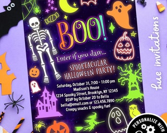 neon Halloween party invitations | spooktacular Halloween costume party invites | kids spooky Halloween invites neon colors