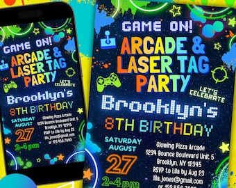 arcade and laser tag birthday party invitation editable with Canva | game on laser arcade theme party invites for kids