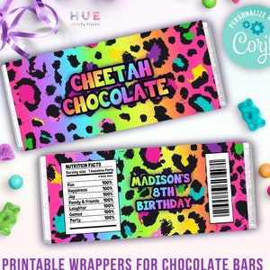 cheetah chocolate bar wrappers for for girls birthday party | rainbow party animal candy bar wraps printable template