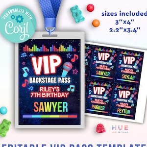 music birthday VIP backstage pass template for lanyards | rainbow rock star party VIP pass for boy or girl | pop star party VIP badge