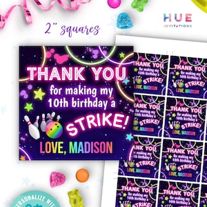 etiquetas para lembrancinhas de aniversário de boliche MODELO EDITÁVEL | modelos editáveis de etiquetas de agradecimento de aniversário de boliche para meninas