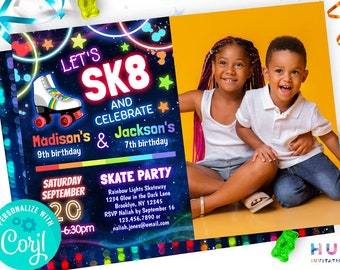 sibling skate party birthday invitation editable template | boy girl roller skating joint birthday party invite for two different ages