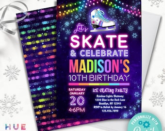 ice skating birthday invitation instant download | let's skate & celebrate girls ice skate party invite | winter snowflakes rainbow colors