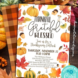 May include: Thanksgiving potluck invitation with watercolor pumpkins, leaves, and the words "Thankful, Grateful, Blessed." The invitation includes event details, date, time, location, and RSVP information. The design features a plaid pattern and the text "Editable Template."