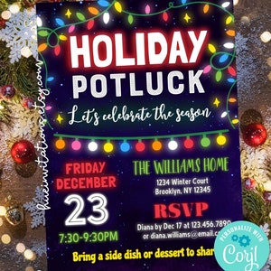 Peut inclure: Une invitation festive pour un repas-partage de Noël, avec du texte blanc et rouge sur un fond bleu foncé. Le design comprend des guirlandes lumineuses, des flocons de neige et des décorations de Noël. Détails de la date, de l'heure et RSVP.