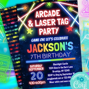 boys arcade & laser tag birthday party invitation editable template | kids rainbow glow in the dark arcade party invite | print text email