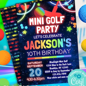 boys mini golf birthday party invitation editable template | glow miniature golf adventure park invite for girl or boy