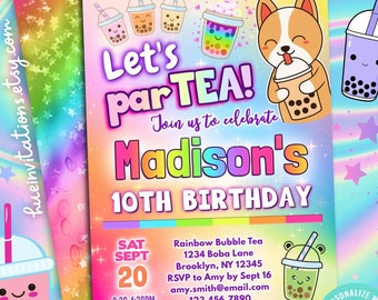 cute bubble tea birthday party invitation editable template | rainbow boba theme par-tea invite | girl bubble tea birthday parTEA invitation