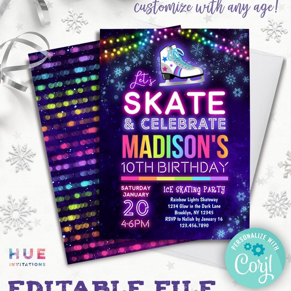 Eiskunstlauf Einladung zum Geburtstag | let's Skate & Feier Mädchen Schlittschuh Party einladen | Winter Schneeflocken Regenbogenfarben