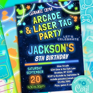 boys arcade laser tag invitation editable template | game on glow arcade games party invite for print text email | blue green orange colors