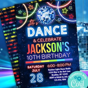 boys glow dance party birthday invitation Corjl template | rainbow disco ball birthday editable invitation | girls or boys template