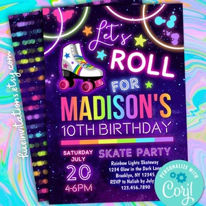 Invitación de cumpleaños de patinaje sobre ruedas para niña / invitación de fiesta de patinaje sobre ruedas brillante / invitación de cumpleaños de patinaje sobre ruedas con arcoíris de neón para imprimir, enviar por correo electrónico y enviar por correo electrónico