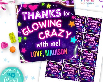 glow party favor tags Corjl template | neon thanks for glowing crazy with me birthday thank you tag editable template