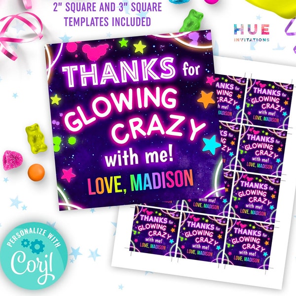 glow party favor tags instant download | neon thanks for glowing crazy with me birthday thank you tag editable template | instant download
