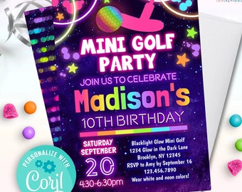 glow mini golf birthday invitation editable template | girls miniature golf party invite instant download | glow in the dark crazy golf
