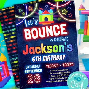 boys bounce house birthday party invitation | let&#39;s bounce and play rainbow bouncy castle party invite | editable template