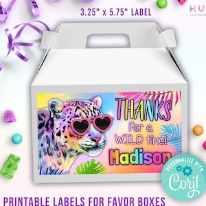 rainbow leopard birthday favor box labels template | neon party animal treat box labels | printable thank you labels for gable box