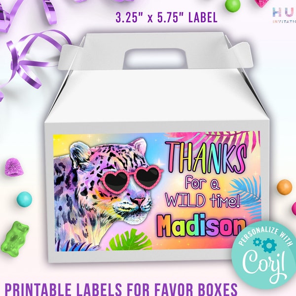 rainbow leopard birthday favor box labels template | neon party animal treat box labels | printable thank you labels for gable box