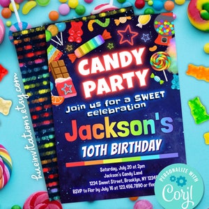 candy theme birthday invitation for boys and girls editable template | rainbow candy factory birthday invite | sweet shop party invitation