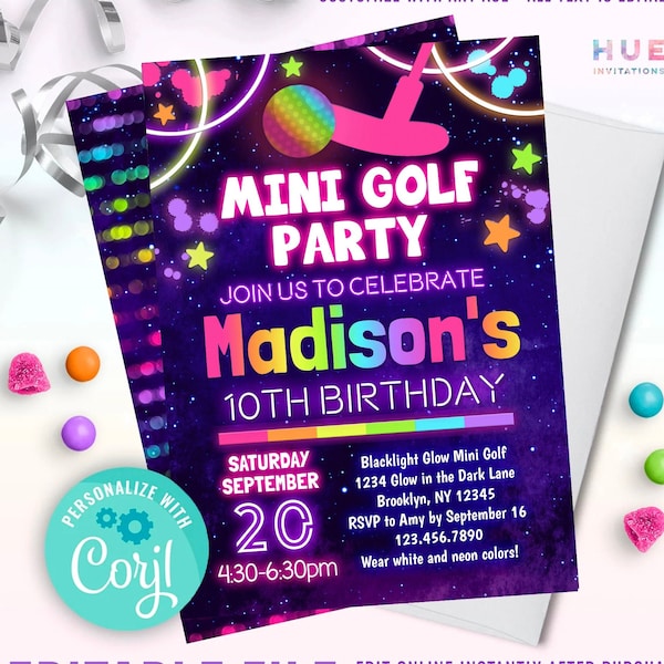 glow mini golf birthday invitation editable template | girls miniature golf party invite instant download | glow in the dark crazy golf