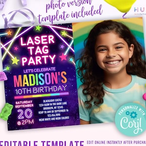 girls laser tag party photo invitation | neon glow laser tag birthday invite for girl with a picture | editable template rainbow colors