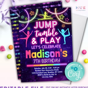 jump tumble & play gymnastics birthday party invitation editable template | girls rainbow gymnastics theme birthday invite instant download