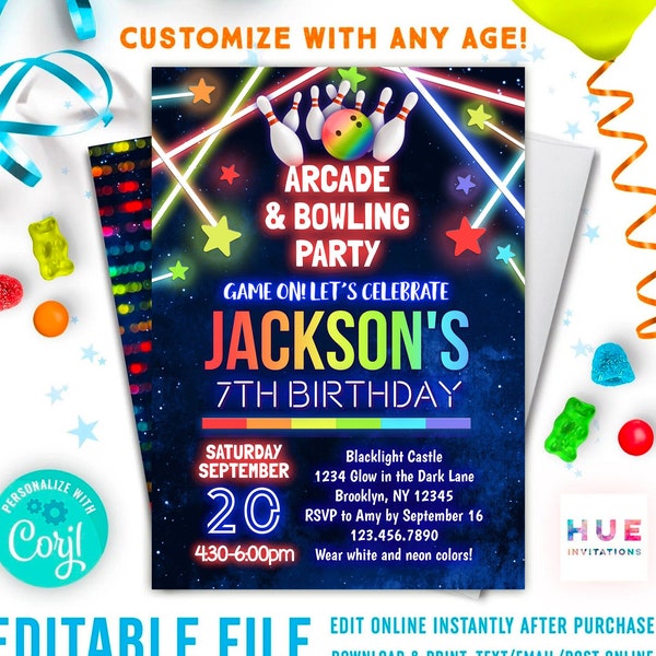 boys arcade bowling birthday party editable invitation template | rainbow glow bowling and arcade games birthday party invite for girl / boy