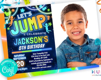 jump party birthday invitation with a photo for a boy | jump & celebrate trampoline park birthday invite template with space for a picture