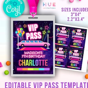 limo party VIP pass printable template for lanyards | girls rainbow glow VIP limo birthday badge for guests
