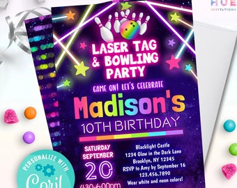 girls laser tag bowling birthday party invitation | editable rainbow glow arcade games invite template for girls and boys