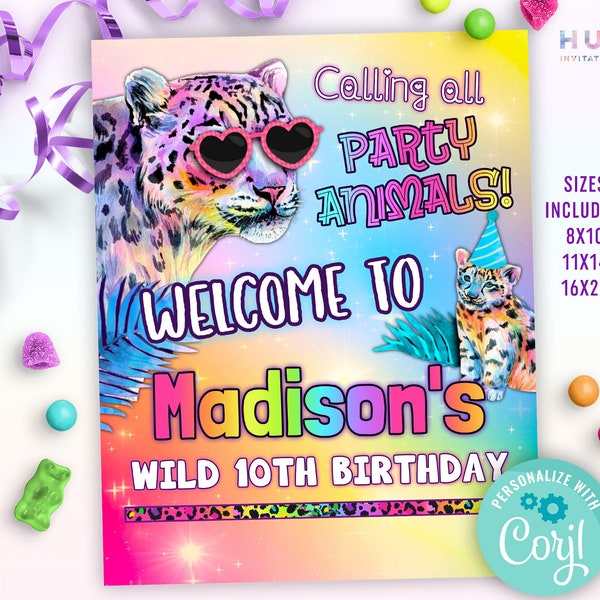 welcome sign for girls rainbow leopard birthday party | rainbow party animals birthday sign editable template