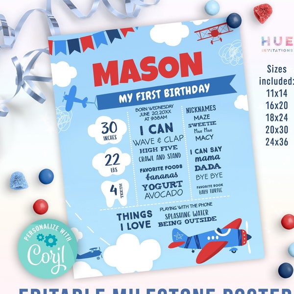 airplane birthday milestone poster editable template | boys or girls plane 1st birthday party milestone board stats sign printable