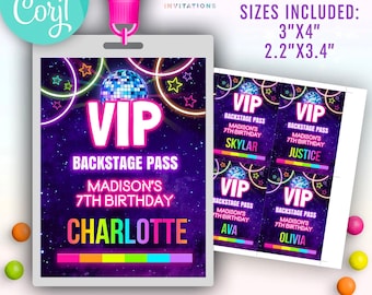 disco ball VIP backstage pass editable template | rainbow glow dance party VIP badge for lanyards | music theme birthday party name tags