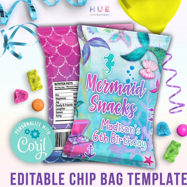 girls mermaid birthday party chip bag template for party favors | mermaid snacks chip bag labels editable template | customize and print