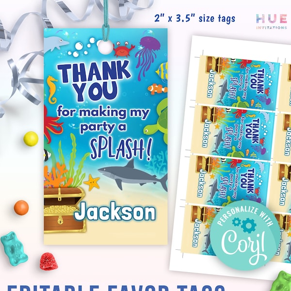 under the sea theme favor tags for kids birthday party | ocean animals party thank you tags for boy or girl | editable template for print