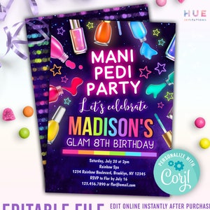 mani pedi party invitation editable template | girls glam nail polish birthday invite instant download | nail salon spa birthday invitation