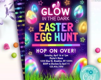 May include: A vibrant invitation for a Glow in the Dark Easter Egg Hunt. The design features colorful Easter eggs, stars, and the text "Glow in the Dark Easter Egg Hunt". The invitation includes event details and the option to personalize with Corjl.