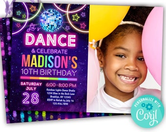 girls disco dance party invitation with photo | dance & celebrate neon music theme birthday party invite | move and groove kids dance party