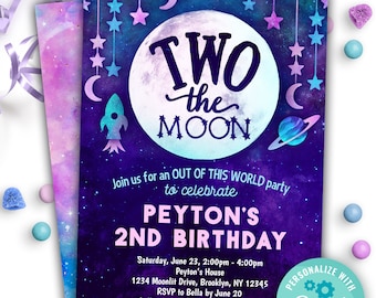 TWO the moon space 2nd birthday invitation instant download | outer space rocket stars planets & moon girls second birthday editable invite