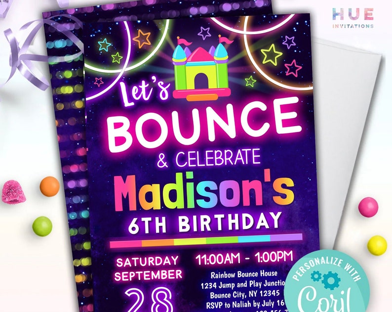 disco bounce house birthday party invitation lets bounce and play rainbow bouncy castle party invite editable template