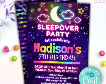 girls sleepover party birthday invitation editable template | rainbow colors moon and stars slumber party or sleepunder birthday invite