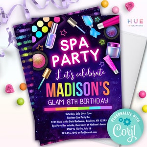 girls spa birthday party invitation editable template | glam makeup & nails spa party bus invite for kids instant download