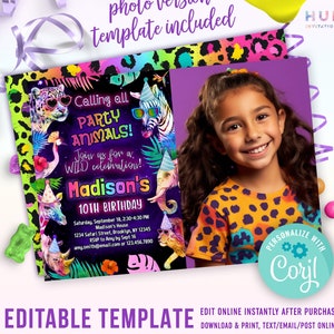 invitation d&#39;anniversaire de fêtard avec une photo | filles arc-en-ciel safari fêtards fête d&#39;anniversaire inviter modèle modifiable avec une photo