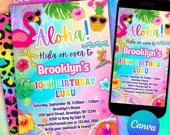 Pode incluir: Um design de convite vibrante para uma festa de aniversário com tema luau. O design apresenta um flamingo rosa, abacaxi e flores tropicais. O convite inclui o texto "Aloha!" e detalhes do evento.