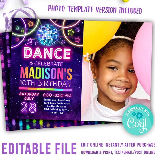 girls disco dance party invitation with photo | dance & celebrate neon music theme birthday party invite | move and groove kids dance party