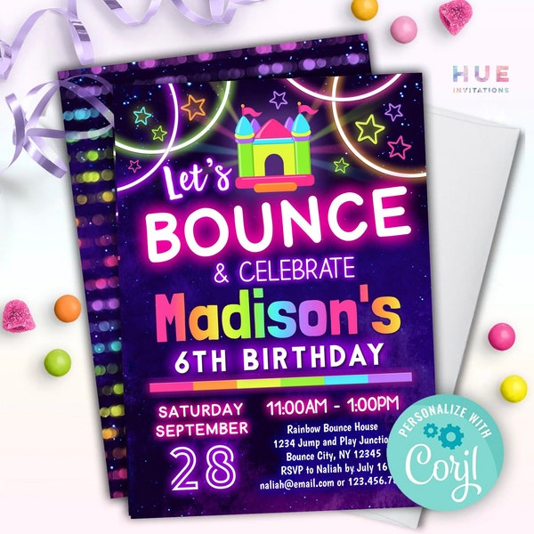 disco bounce house birthday party invitation | let's bounce and play rainbow bouncy castle party invite | editable template instant download