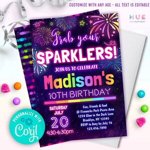 Modello modificabile per invito di compleanno con fuochi d'artificio arcobaleno / invito per festa con stelle filanti del 4 luglio per ragazze / modello per barbecue in giardino e festa in piscina
