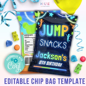 May include: Editable chip bag template for a birthday party. The bag is blue with neon green, orange, and yellow accents. It says "Jump Snacks Jackson's 8th Birthday".