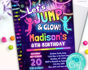 May include: A neon pink, blue, green, and yellow birthday invitation for a child's 8th birthday party. The invitation says "Let's Jump & Glow! Madison's 8th Birthday" with a date and time of Saturday, September 20th, 4:30-6:30pm. The invitation also includes the location, Rainbow Castle Jump, 1234 Glow in the Dark Lane, Brooklyn, NY 12345. The invitation says to RSVP to Rochelle by September 123.456.7890 and to wear white and neon colors.